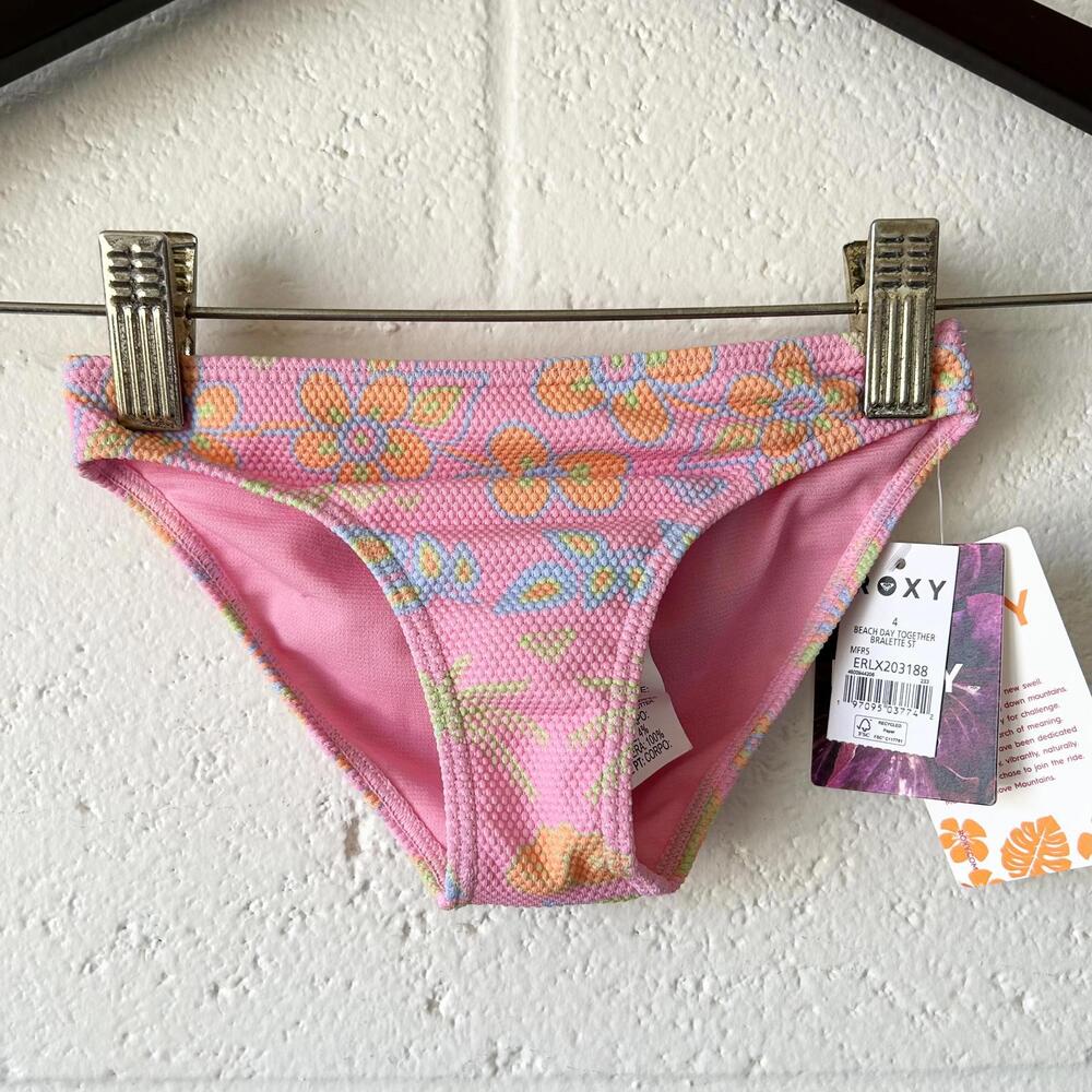 Roxy Neon Pink Floral Tropical Seashell Girls Bikini Bottom Swim Toddler Size 4